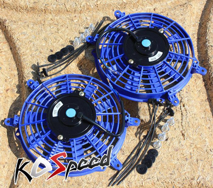 2x universal blue 9" electric radiator/engine cooling fans+mounting zip tie kit
