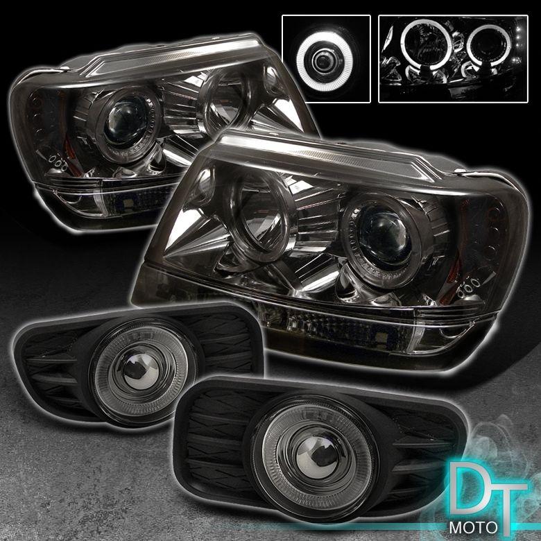 Smoke 99-04 grand cherokee projector head lights+angel eyes halo fog lamp+switch