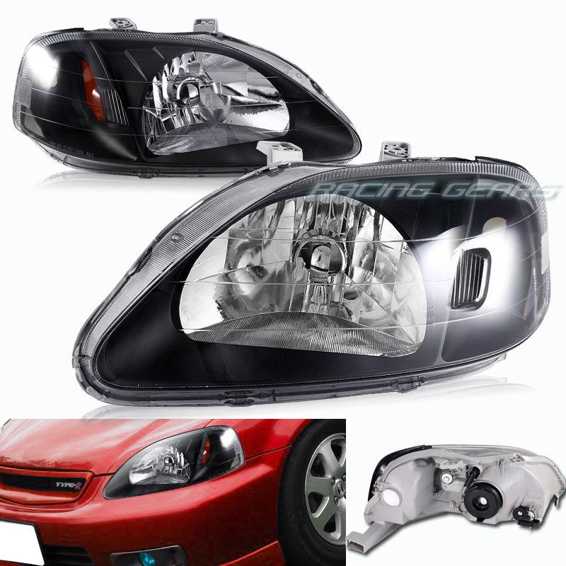 99-00 honda civic jdm black housing clear lens amber reflector headlight lamps