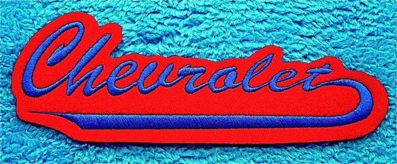 Chevrolet embroidered  iron or sew on patch  blue on red felt  big 8 inches wide