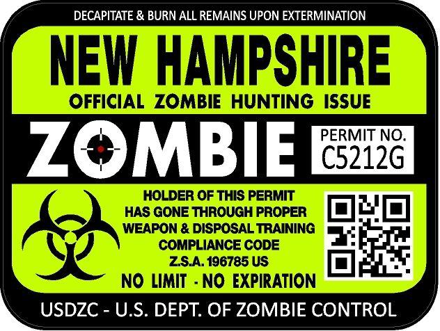 New hampshire zombie hunting license permit 3"x4" decal sticker outbreak 1239