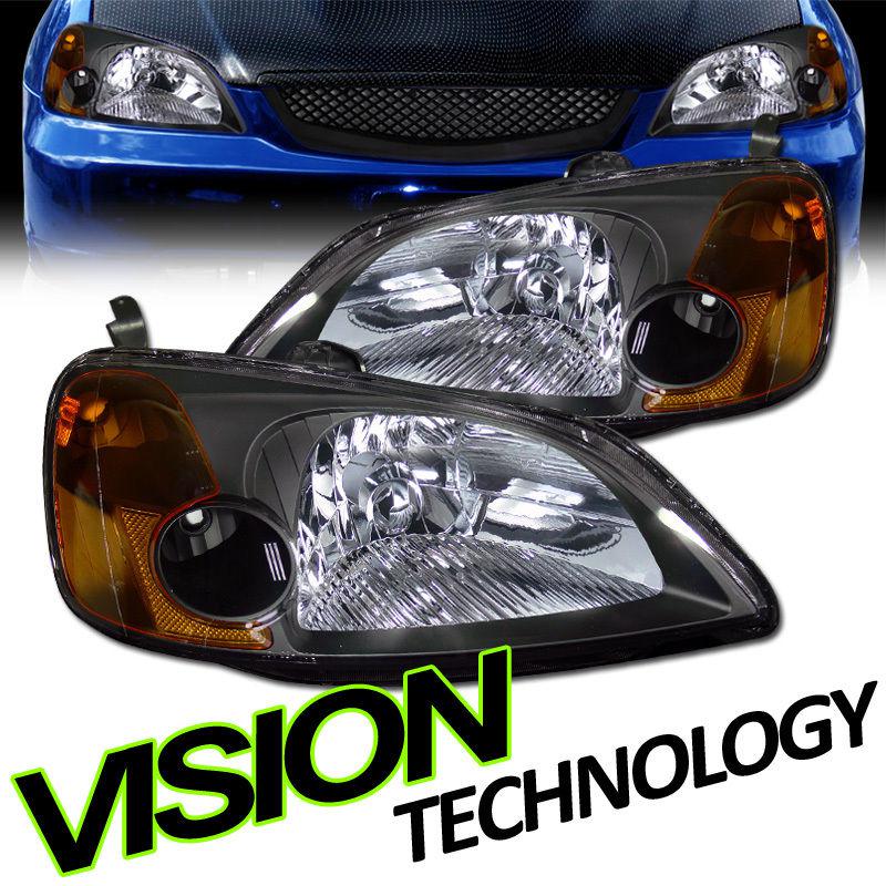 Amber reflector 01-03 civic coupe/sedan jdm blk crystal headlights assembly pair