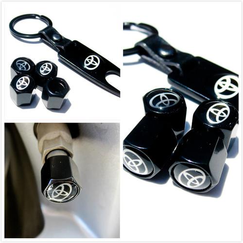 Toyota  air valve cap metal wheel rim tire tyre black rubber ring x4 w keychain