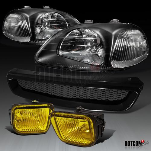 96-98 civic jdm black crystal headlight+mesh hood grill+yellow fog lights