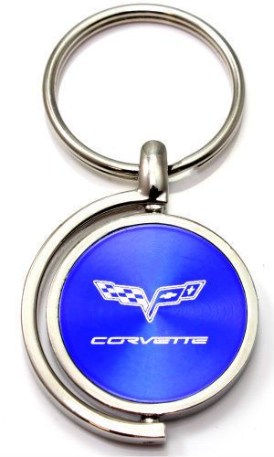 Blue chevy corvette c6 logo brushed metal round spinner chrome key chain ring