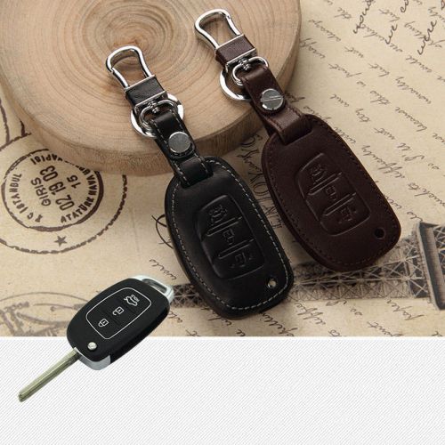 Genuine leather d series 3 button remote key bag case fob chain for hyundai