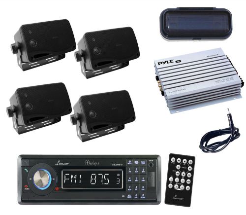 New lanzar marine aux cd usb receiver, antenna, cover,4 black speakers, 400w amp