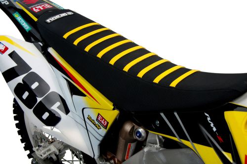 2005 - 2006 suzuki rmz 450 stewart bumblebee yellow ribs seat cover by enjoy mfg