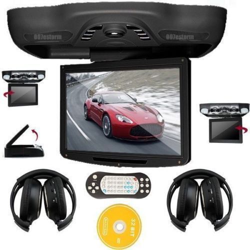 Black 12 &#034; flip down over car roof dvd player monitor tv radio free headphone