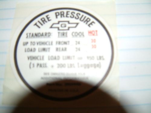 Tire pressure decal early 67 camaro before 11-16-66 non ss