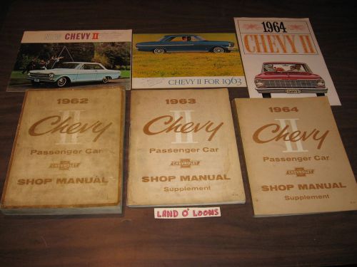 1962 1963 1964 chevrolet chevy ii/2 shop/service manual set/3 + sales brochure/3