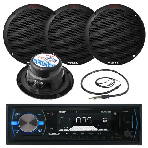 Plmr605b black 6.5&#034; 400w speakers, antenna, pyle black marine usb am fm radio