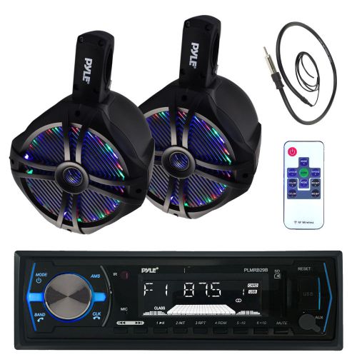 Black 6.5&#034; marine led 200w speakers, antenna, pyle bluetooth usb marine receiver