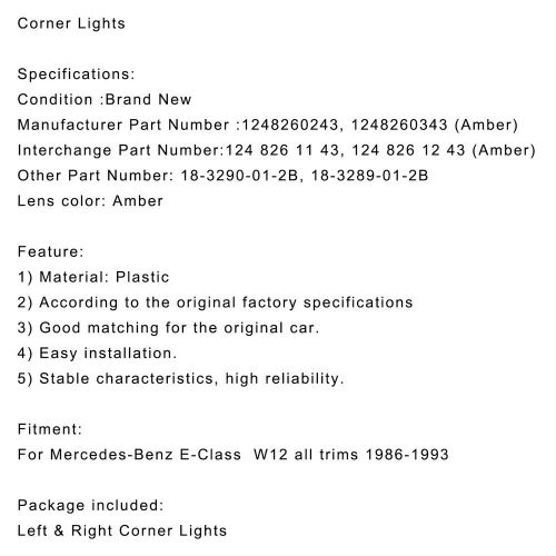 Corner lights parking lamps pair for mercedes-benz e-class w124 1986-1993 amber