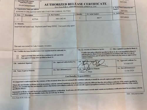 Atc transponder kt76a 066-1062-00 w/ july 2024 repaired 8130