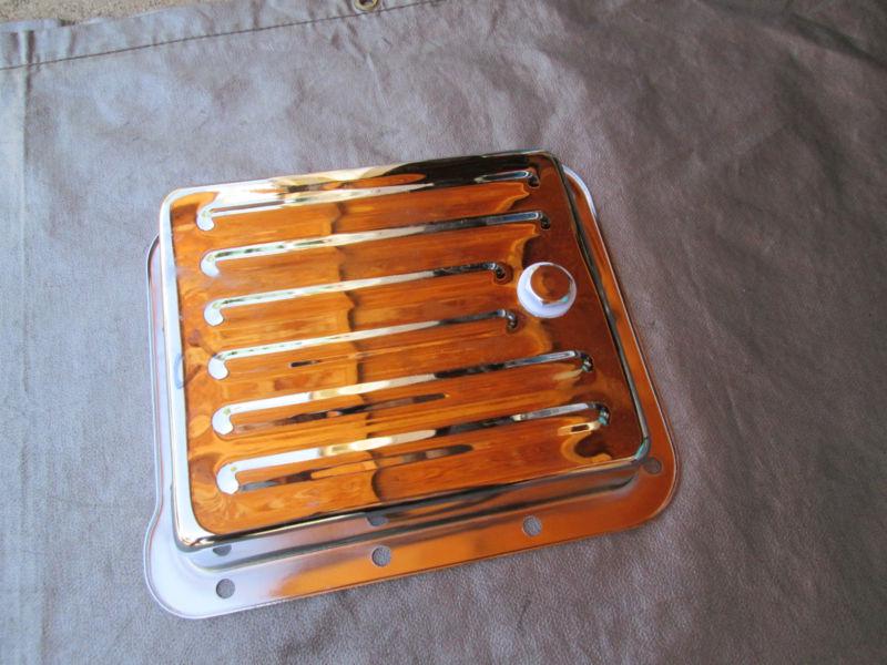 New triple chrome plated steel 75-81 ford c4 transmission oil pan w/drain plug