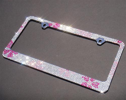 Bling bling pink flower crystal license plate frame/a1