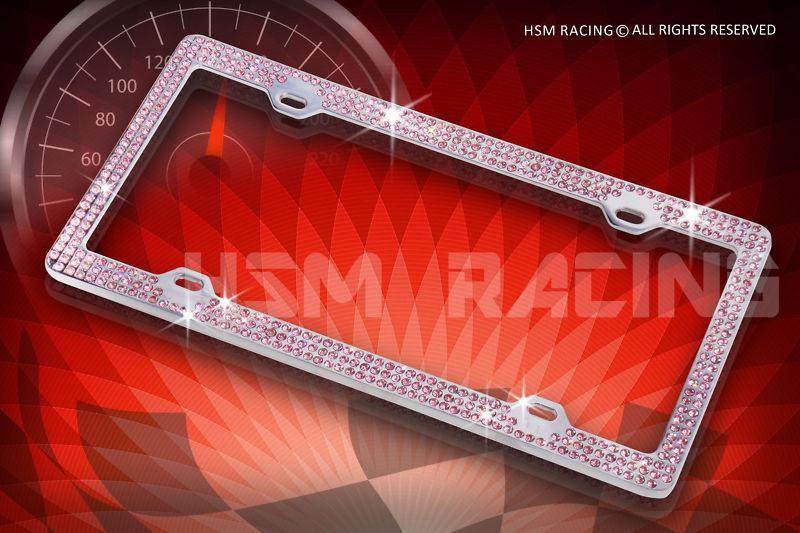 Bling triple rows pink-c ty cap real crystal embedded chrome license plate frame