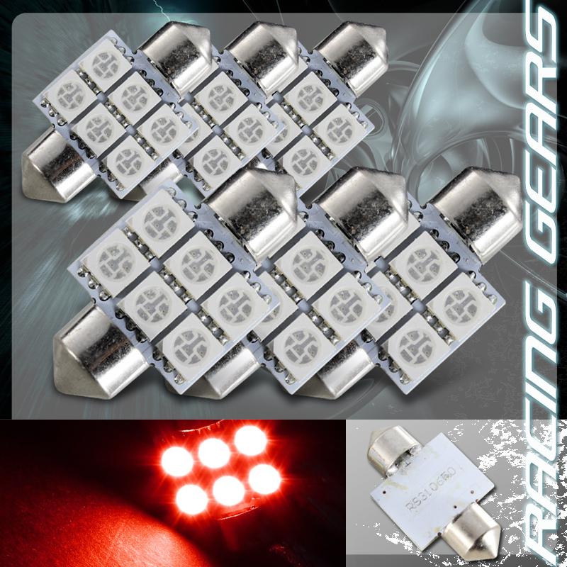 6x 31mm 1.25" red 6 smd led festoon replacement dome interior light lamp bulb