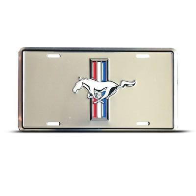 Ford mustang embossed metal license plate featuring the classic pony and logo