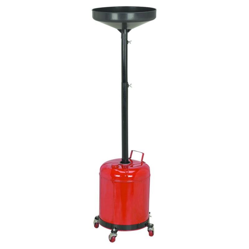 5 gallon oil drain dolly, galvanized steel, easy pour spout, 40" to 67" adj.