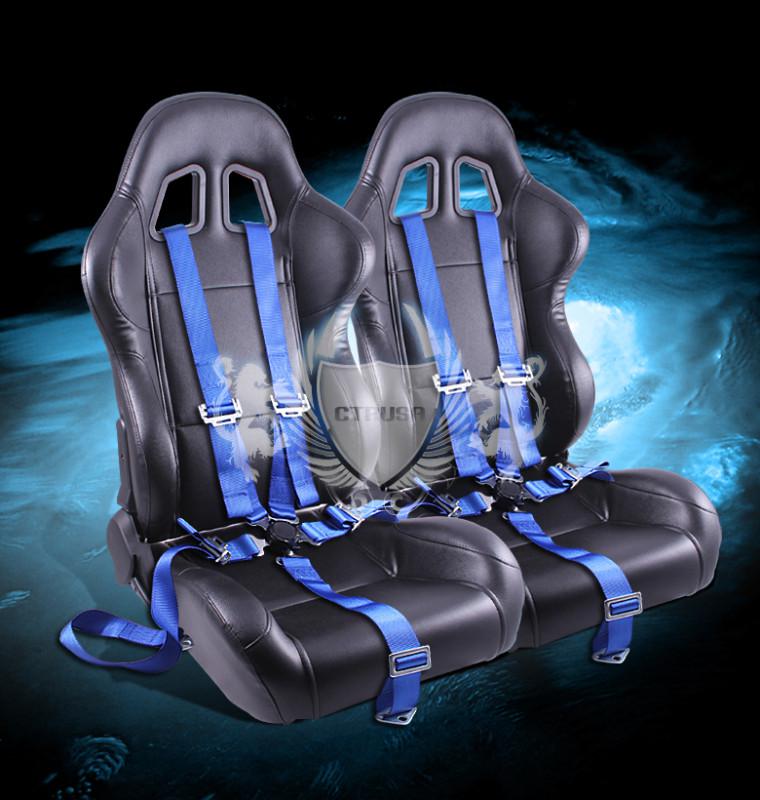 2x universal black turino racing seats+5-pt blue camlock harness seat belt new