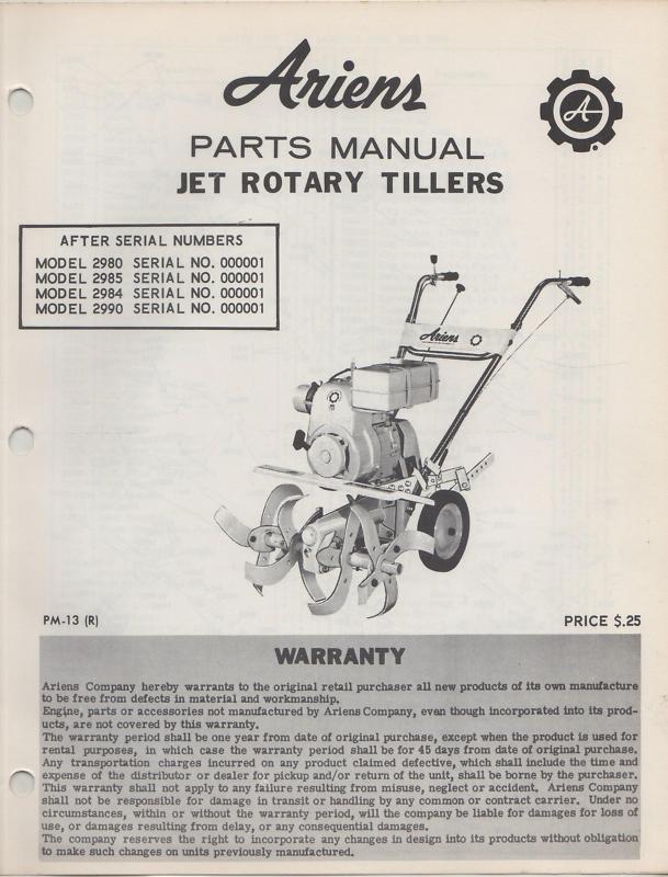  ariens jet rotary tillers parts manual p/n pm-13 (r) (048)