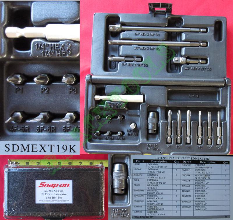 New snap on 19 pcs 1/4 hex shank, adaptor & bit set in black hard case sdmext19k