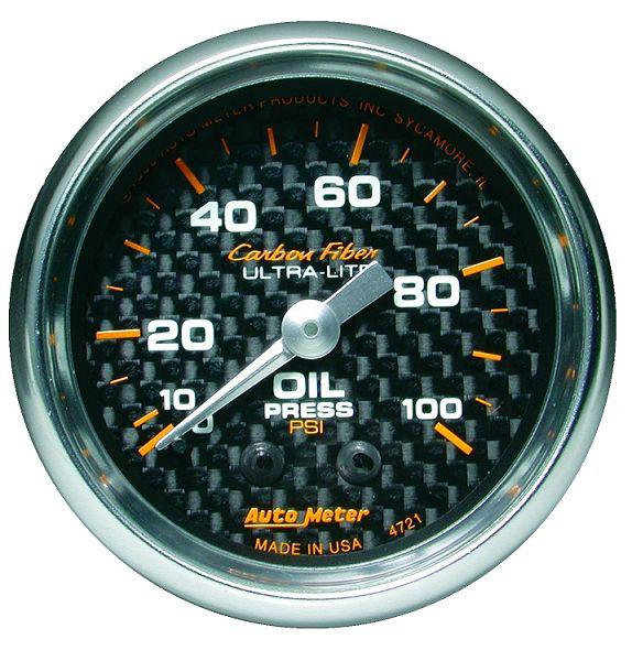 Auto meter 4721 carbon fiber 2-1/16 mechanical oil pressure gauge 0-100 psi