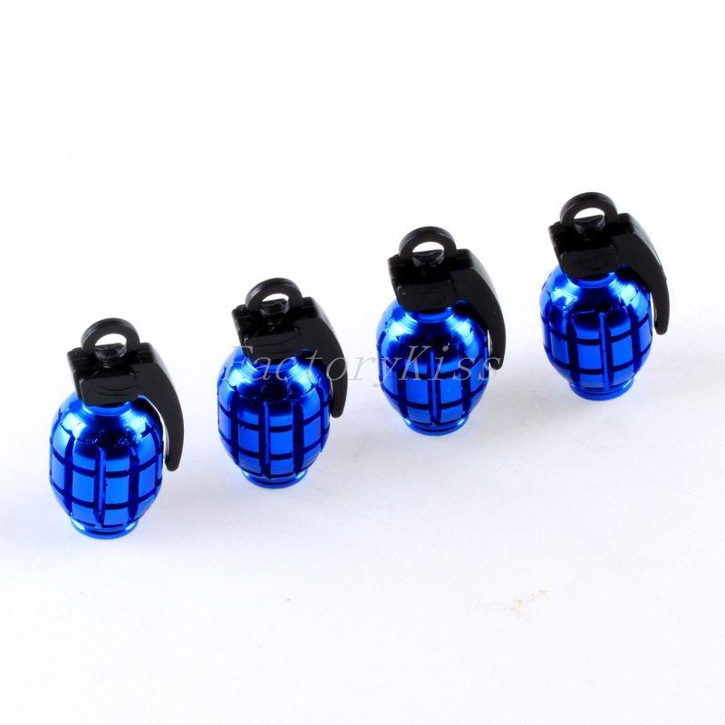 4 x grenade design metal bike car motorcycle tyre air valve dust caps blue