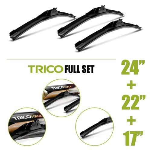 New set of 3 pcs trico force beam wiper blades size: 24" lh, 22" rh, 17" rear