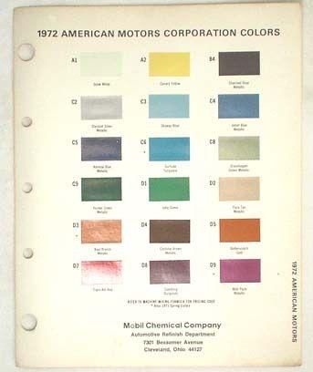 1972 amc mobil color paint chip chart amx javelin matador gremlin more