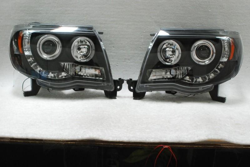 05-11 toyota tacoma pickup black dual halo projector led strip headlights lamps