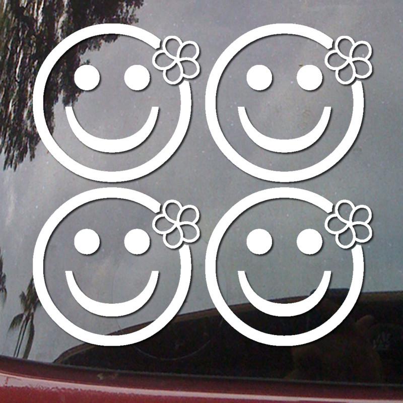 (4x) happy smiley face w/ flower on ear car body vinyl decal window sticker h56m