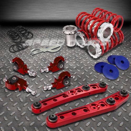 Red 0-3&#034;coilover spring+control arm+4pc front camber kit 88-95 civic/integra/crx