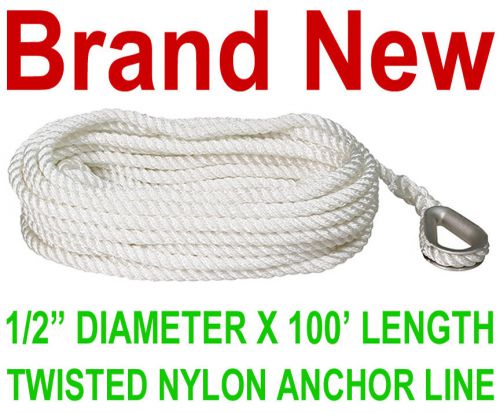 New 100&#039; twist 1/2&#034; nylon anchor line,twisted marine boat dock rope,white