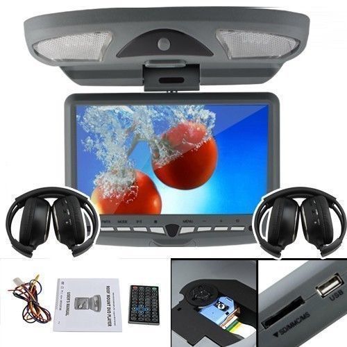 Ouku 9&#034; car overhead flip down/drop down dvd player sd slot gray+headphones