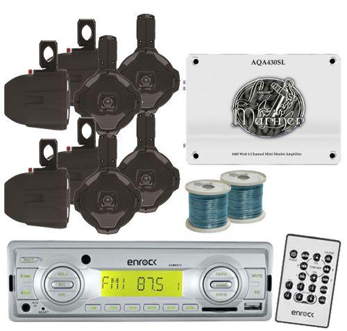 4 lanzar marine 6.5&#034; speaker set &amp; wires, 1600w amplifier, usb aux am fm  radio