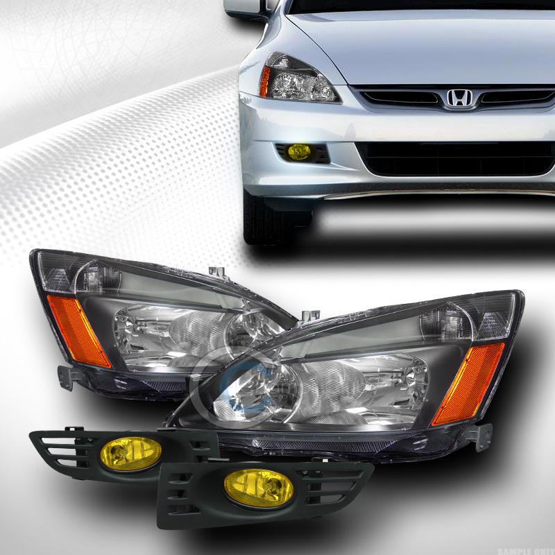 Blk head lights signal amber+front bumper fog lamps yl 03-05 honda accord 2d 2dr