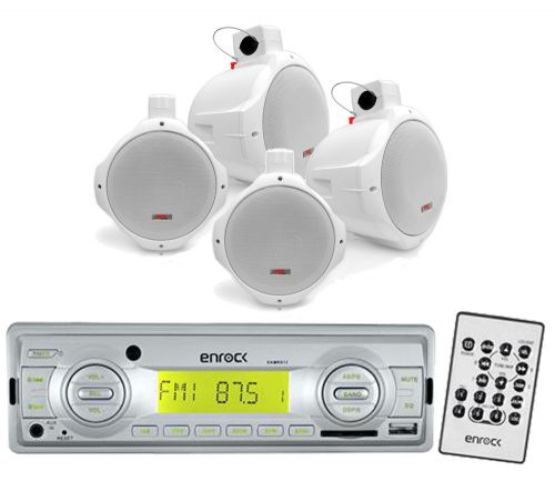 4 white 6.5&#034; marine wake board speaker set, enrock usb am fm aux marine receiver