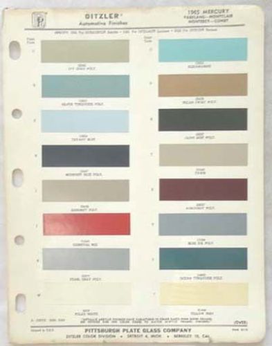 1965 mercury ppg color paint chip chart all models original