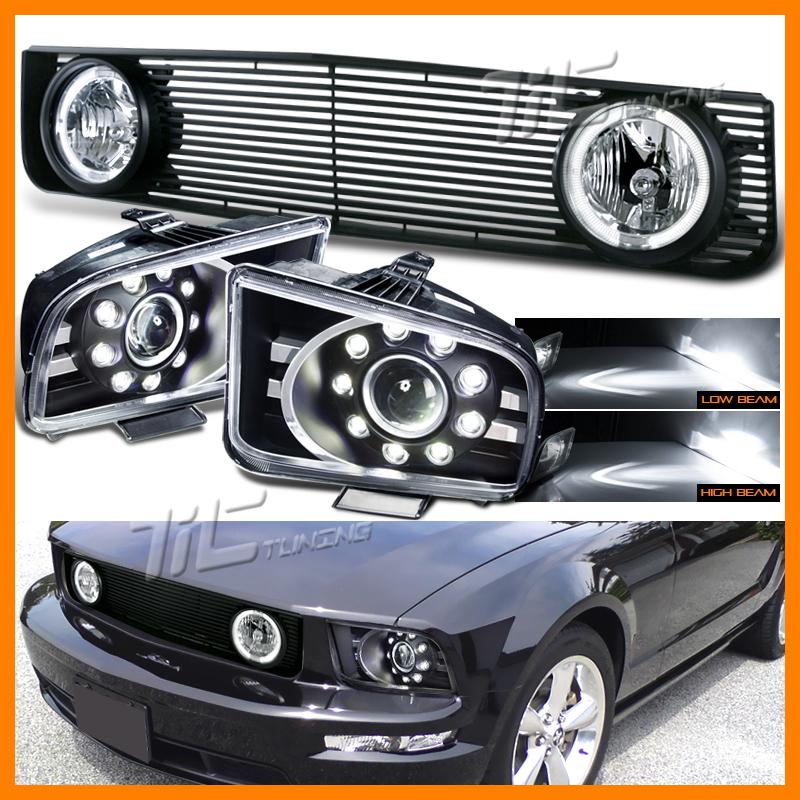 05-09 ford mustang black projector headlights chrome led fog lamp billet grille