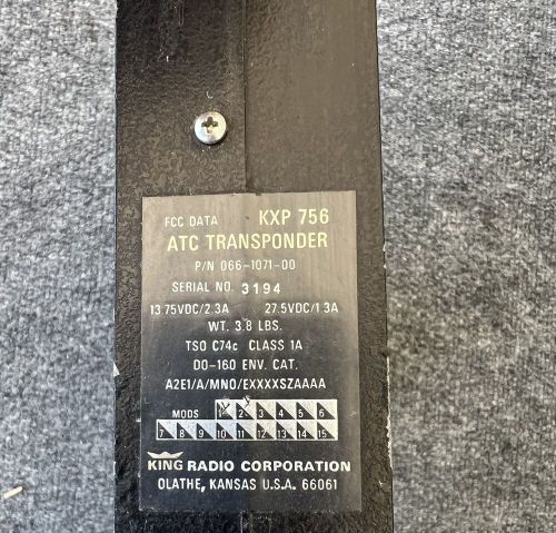 King radio model kxp-756 atc transponder (part no. 066-1071-00)