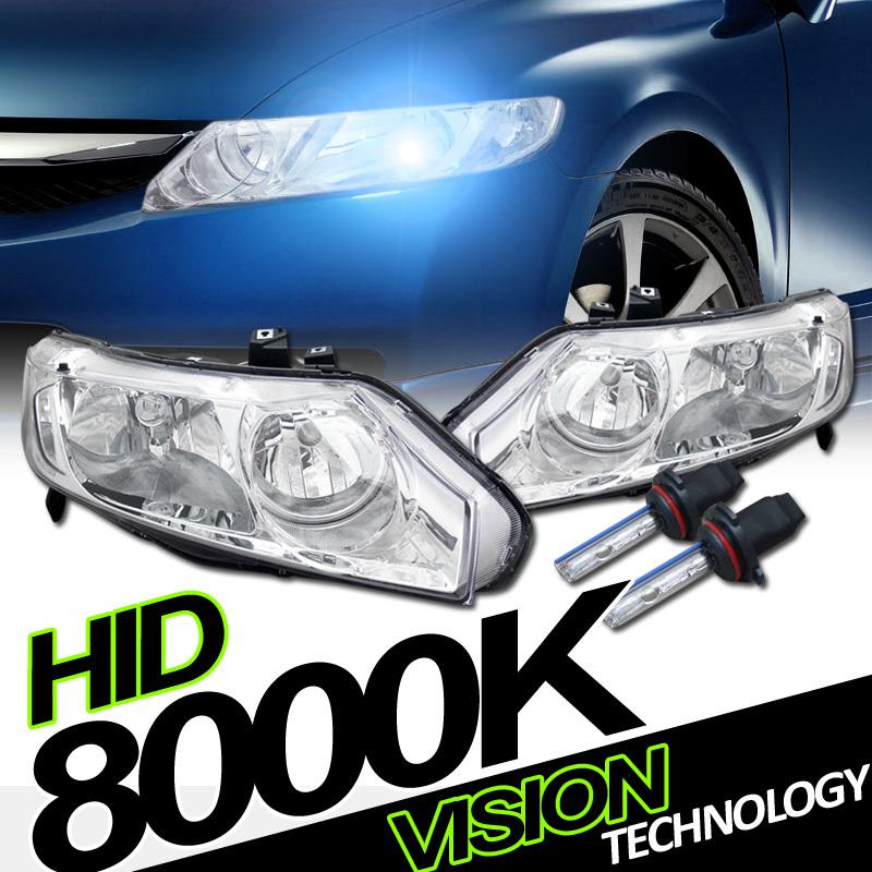 06-11 civic 4dr chrome housing clear lens crystal headlights assembly+xenon hid