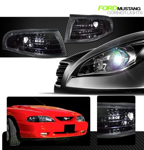 Black turn signal parking corner lights pair k2 for 94-98 ford mustang gt cobra