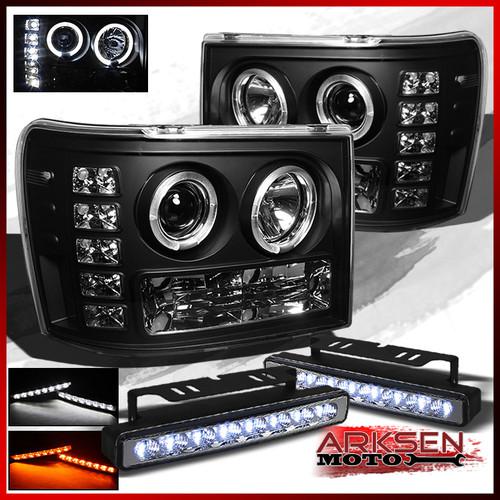 White/amber led bumper fog+07-13 gmc sierra halo led black projector headlights