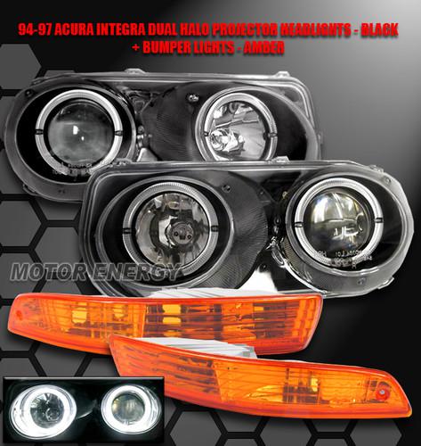 1994-1997 acura integra halo black projector head lights+amber bumper 1995 1996