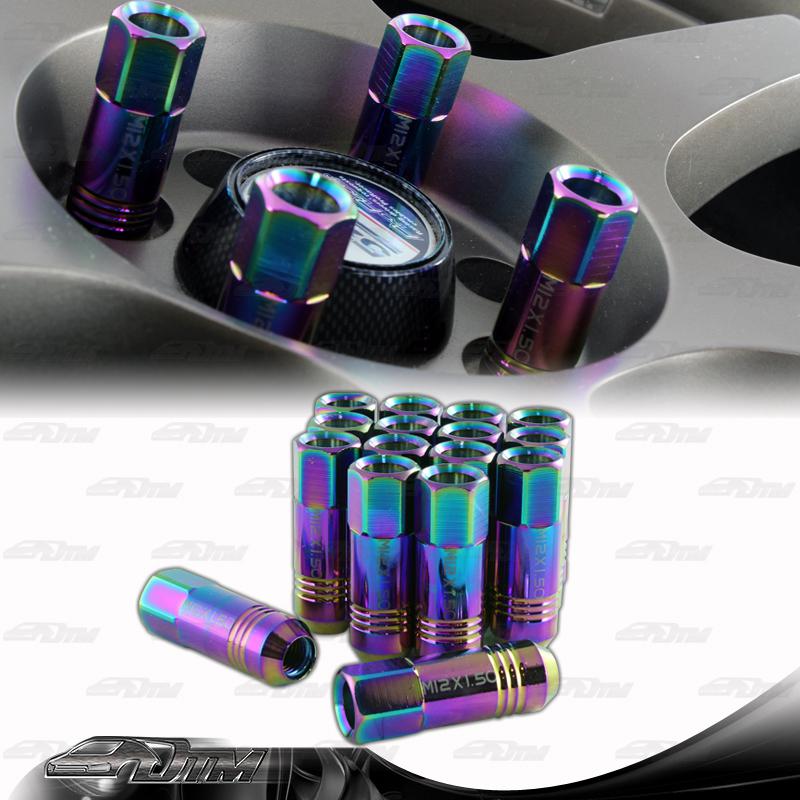 M12 x 1.5mm thread pitch long wheel rims tuner lug nuts - 16 pc neo chrome