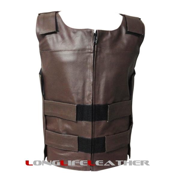 Large size mens brown bullet proof style zipper velcro leather motorcycle vest