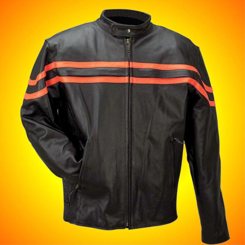 Solid leather motorcycle jacket--orange stripes--medium